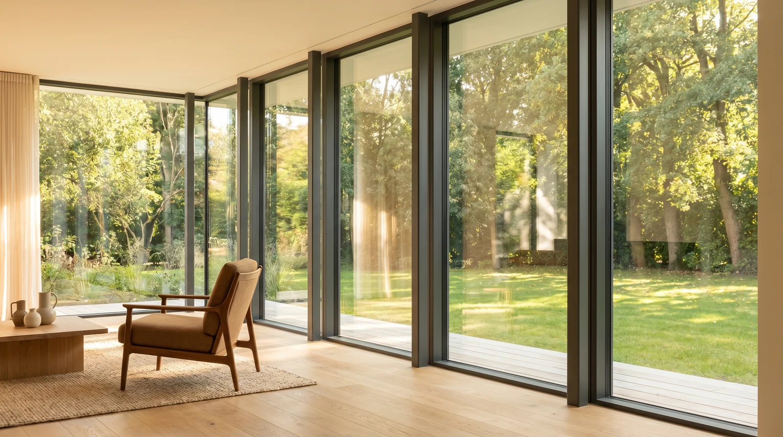 Große Aluminiumverglasung, die die Grenze zwischen Innenraum und Terrasse verschwinden lässt