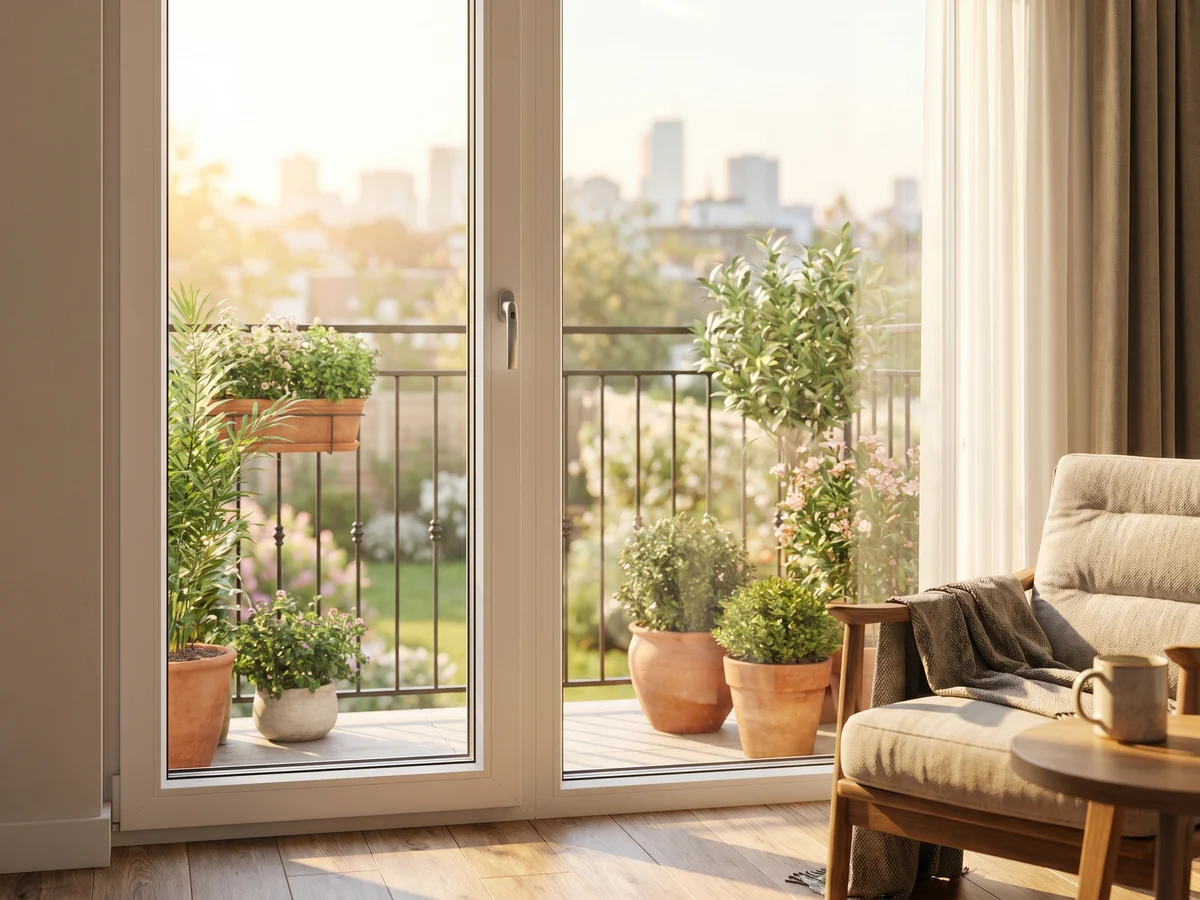 Weiße PVC-Balkontür geöffnet zum Balkon mit Grün