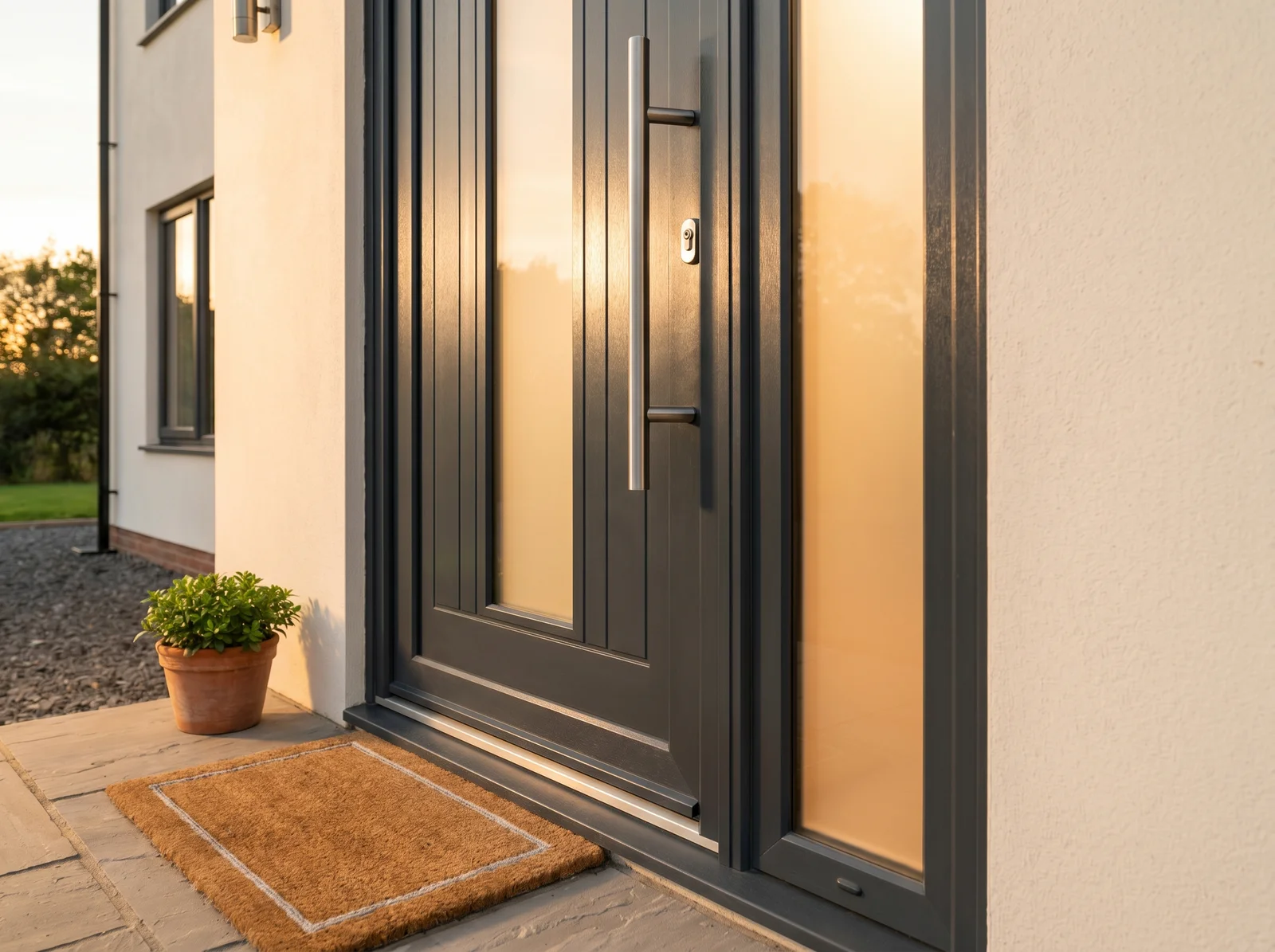Moderne anthrazitfarbene PVC-Haustür im warmen Licht