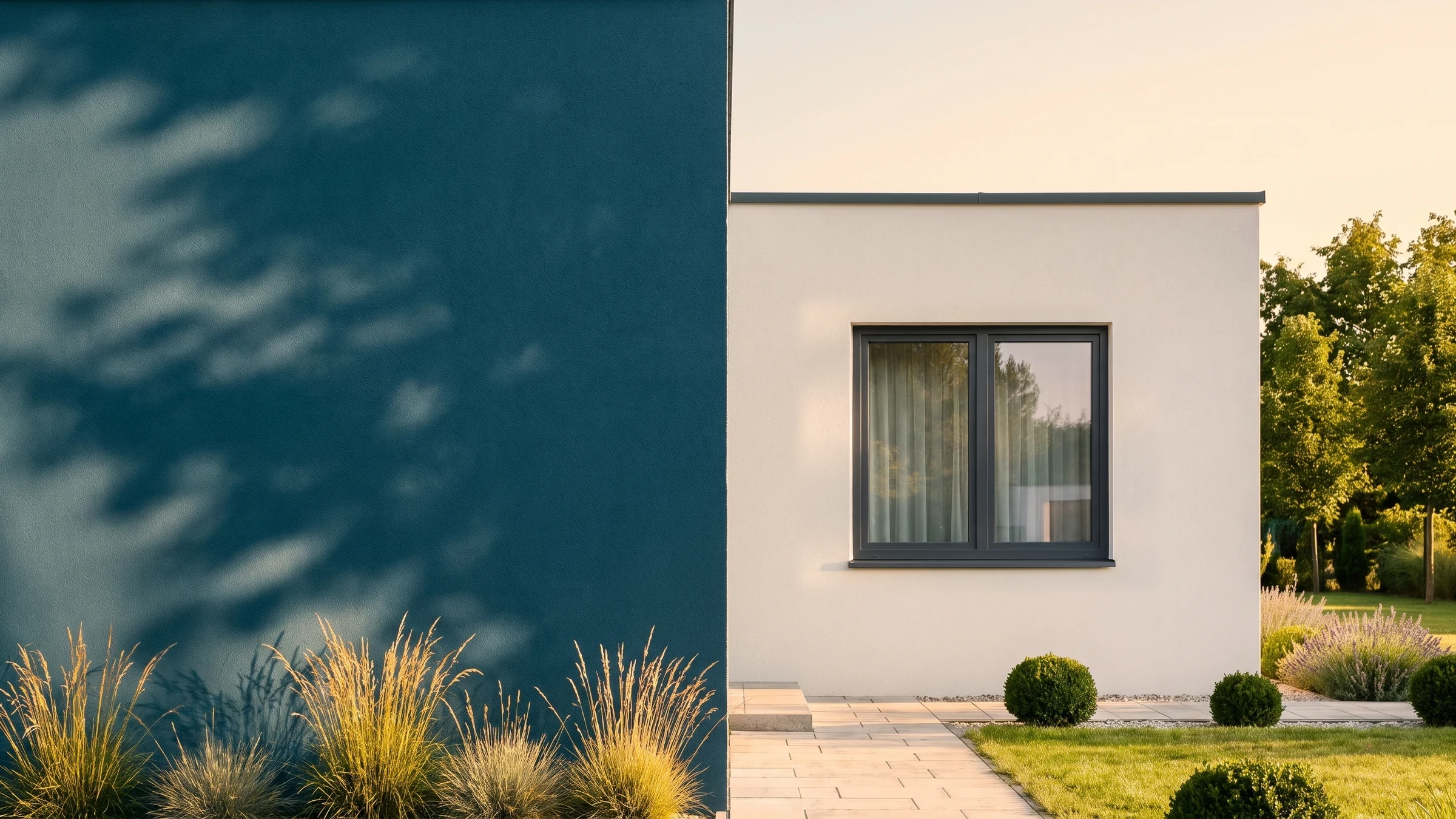 Haus mit BUDVAR Ecofutural Monoblock-Fenster an der Markenwand – Außenansicht