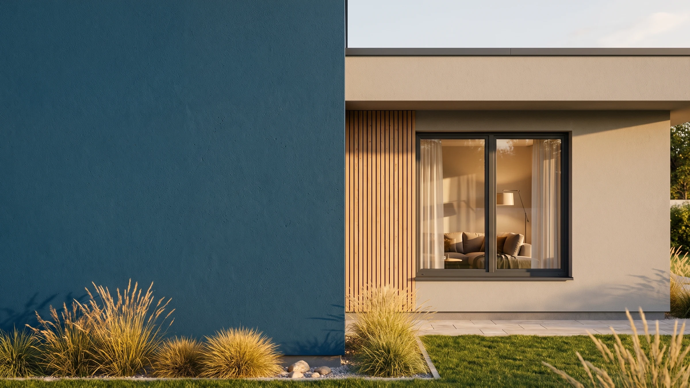 Haus mit BUDVAR Ecofutural OC Monoblock-Fenster an der Markenwand – Außenansicht