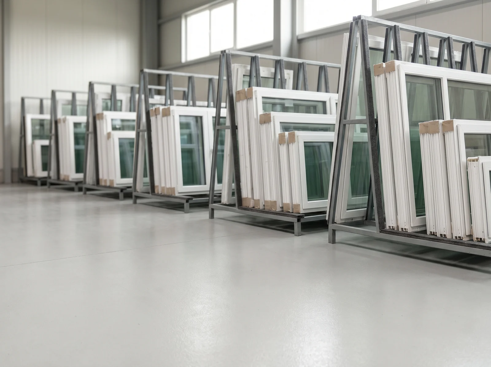 PVC-Fenster auf Transportgestellen im BUDVAR-Werk