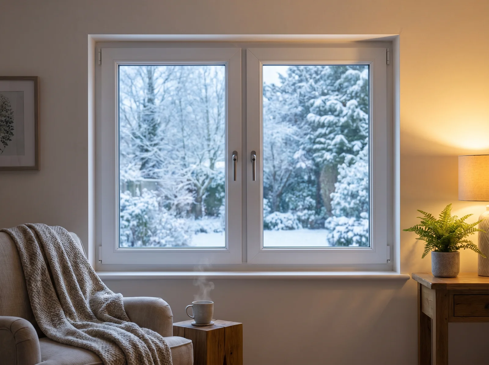 Weißes PVC-Fenster im Winter — warmes Interieur und verschneiter Garten