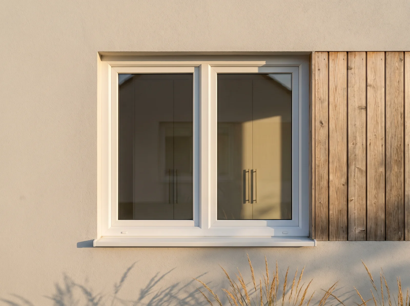 Weißes zweiflügeliges PVC-Fenster an moderner Fassade mit Holzlamellen