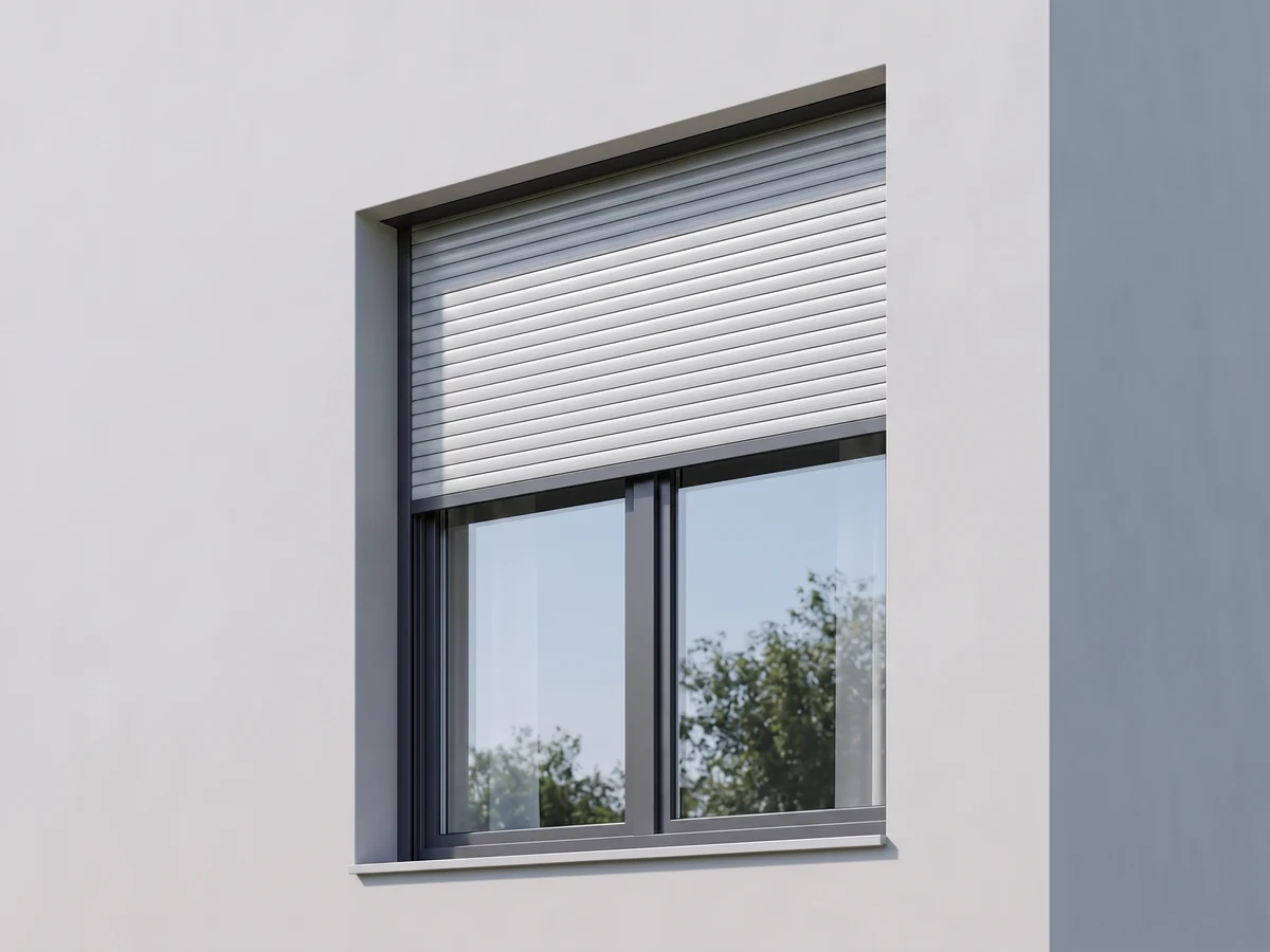 Aufsatzrollladen integriert auf dem Rahmen eines weißen PVC-Fensters