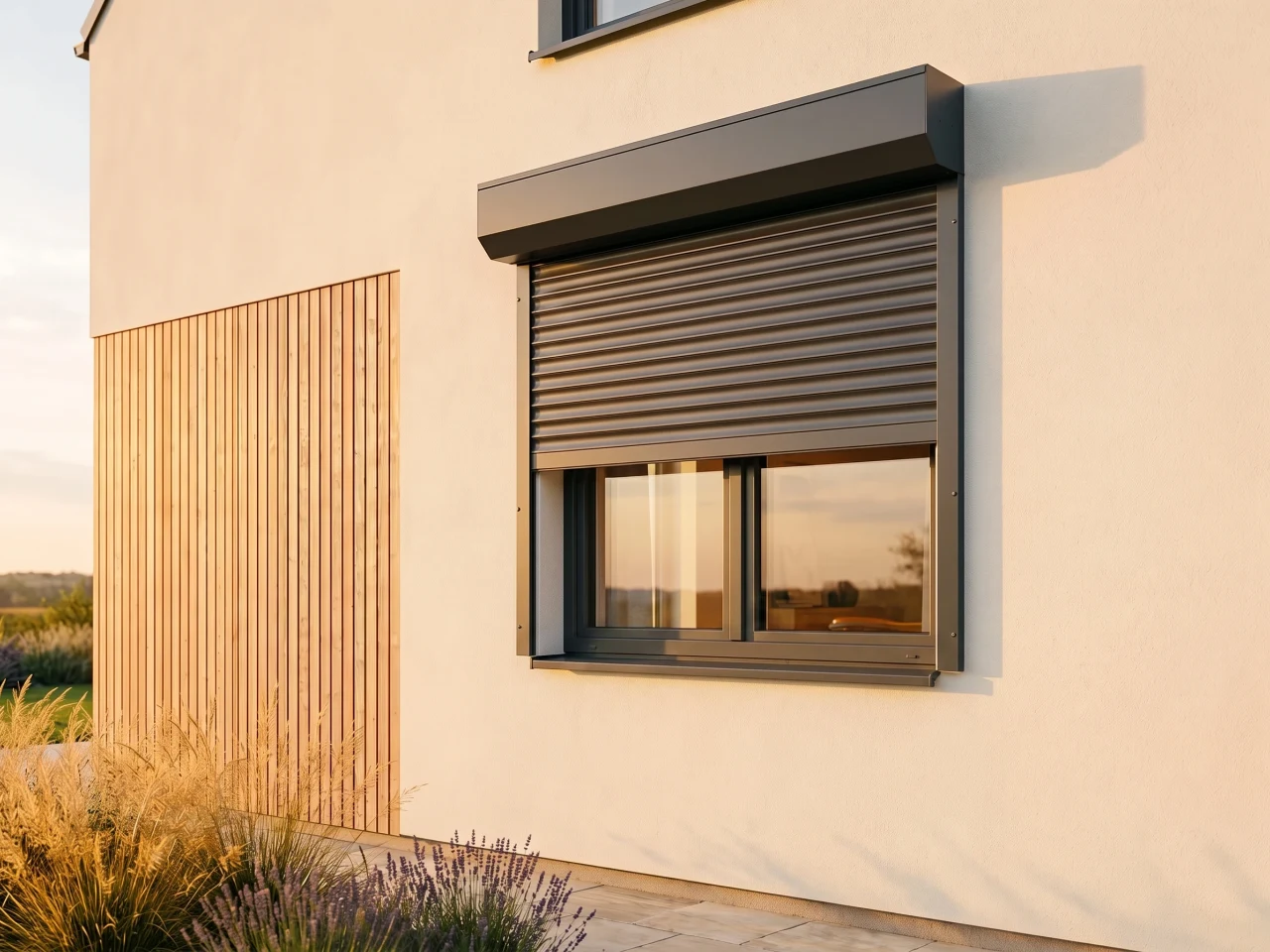 Anthrazitfarbener Vorbaurollladen mit Kasten über dem Fenster an moderner Fassade