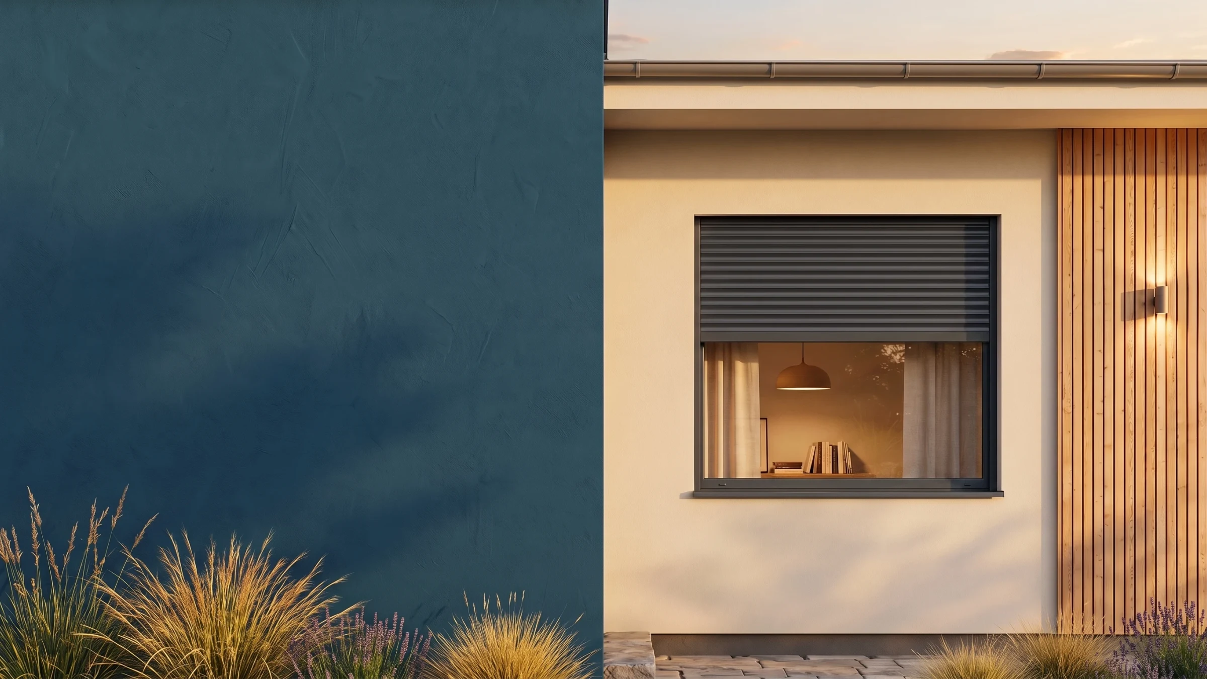 Unterputzrollladen SPE in die Fassade eines neuen Hauses integriert