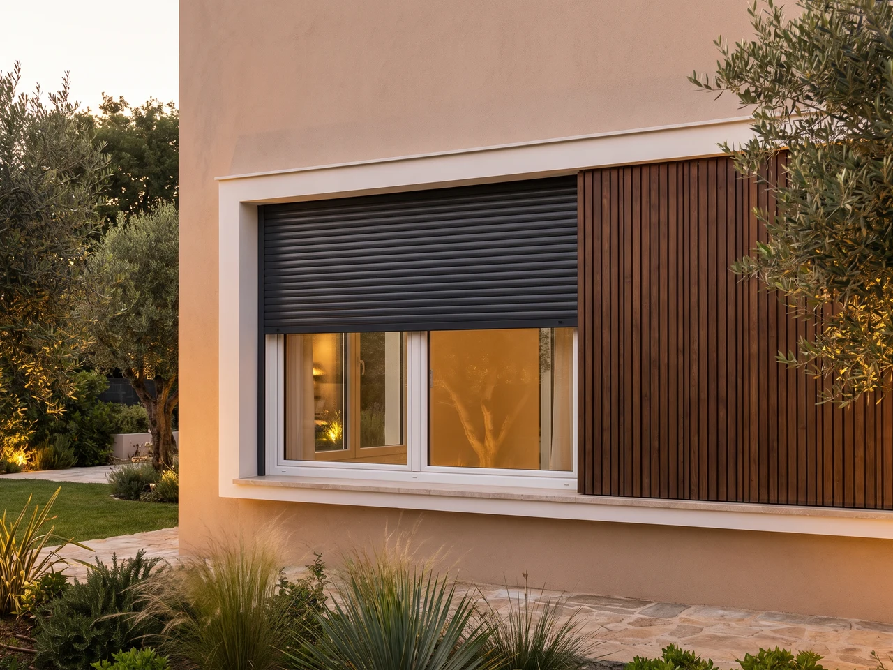 Aufsatzrollladen integriert auf dem Rahmen eines weißen PVC-Fensters