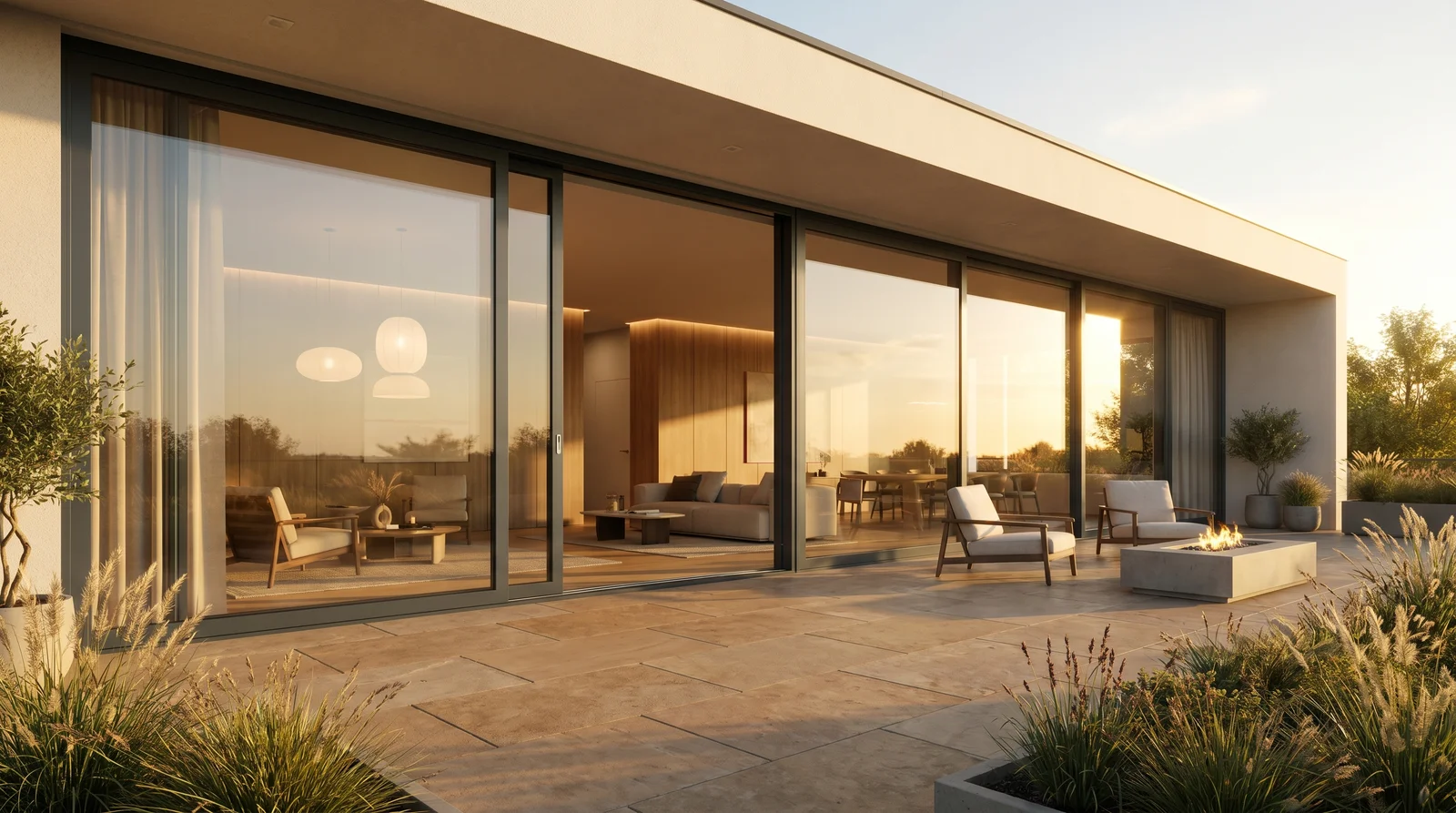 Anthrazitfarbene Aluminium-Hebe-Schiebetüren auf moderner Terrasse
